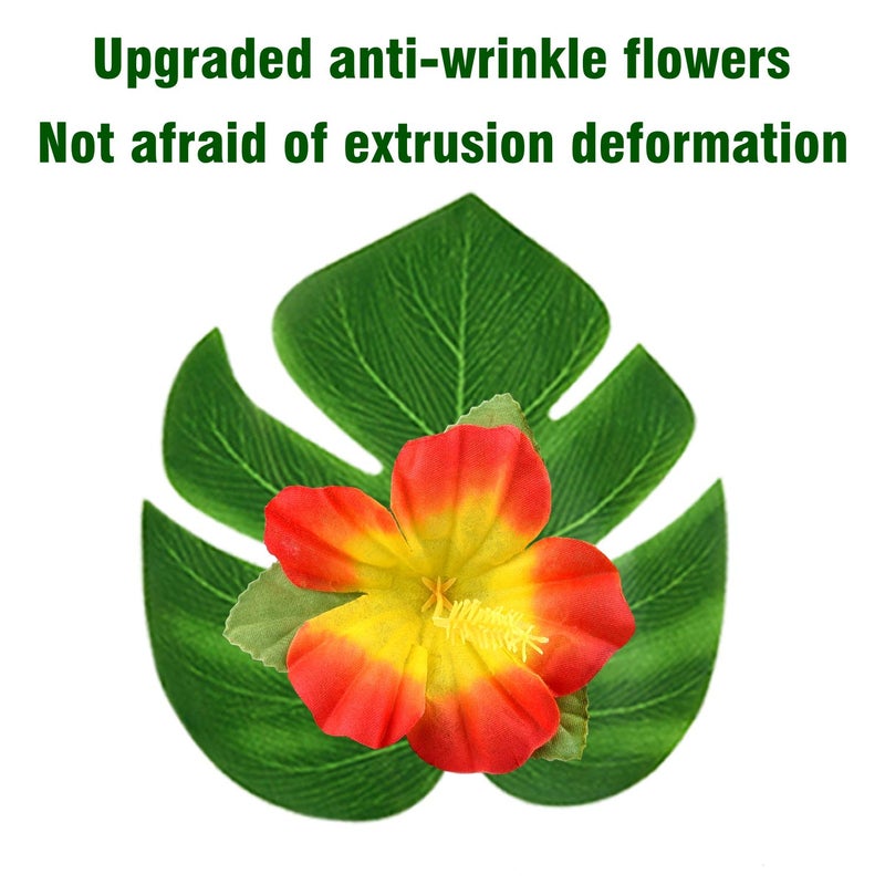 KUUQA 60 Pcs Wrinkle Prevention Flowers and Tropical Leaves for Tropical Party Decorations Supplies, Artificial Hibiscus Flowers Tropical Palm Leaves for Hawaiian Safari BBQ Luau Party Decorations - Image 2